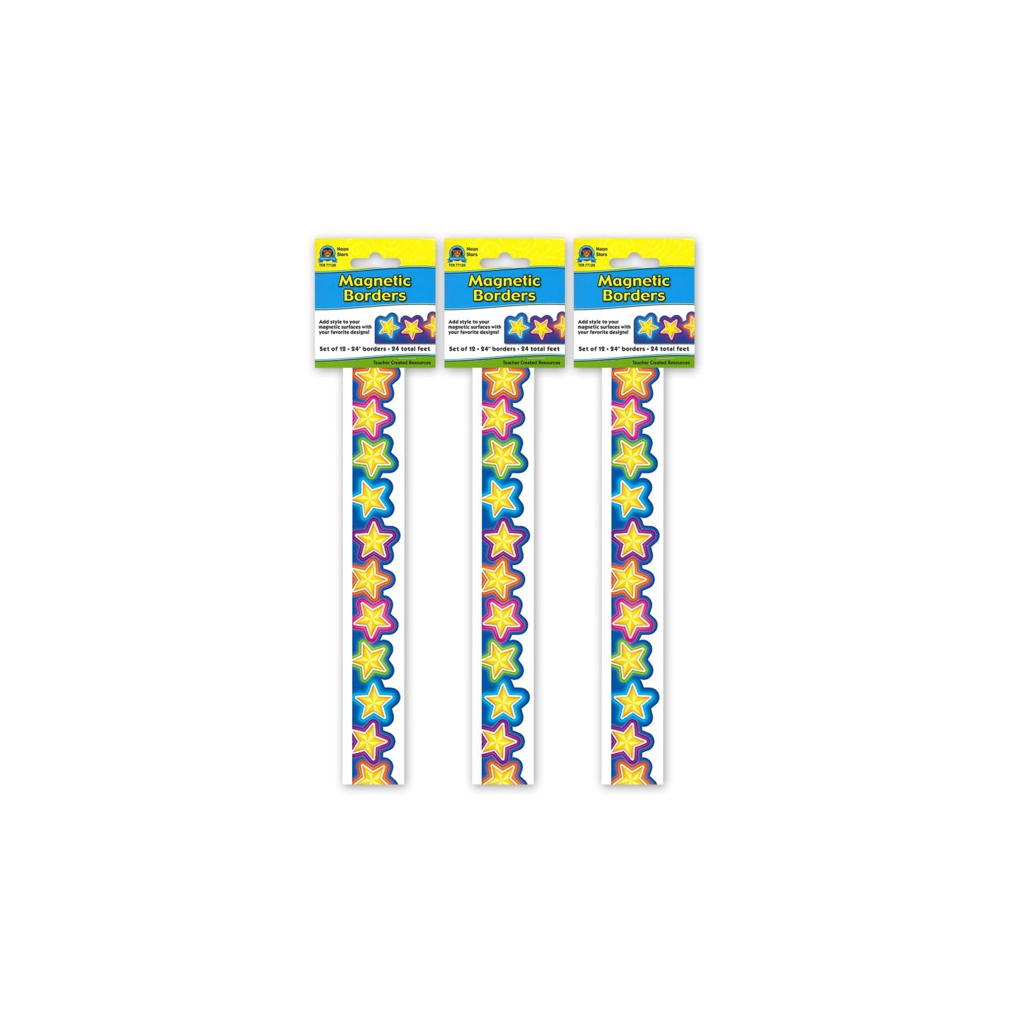Teacher Created Resources® Magnetic Borders, Neon Stars, 24 Feet Per Pack, 3 Packs
