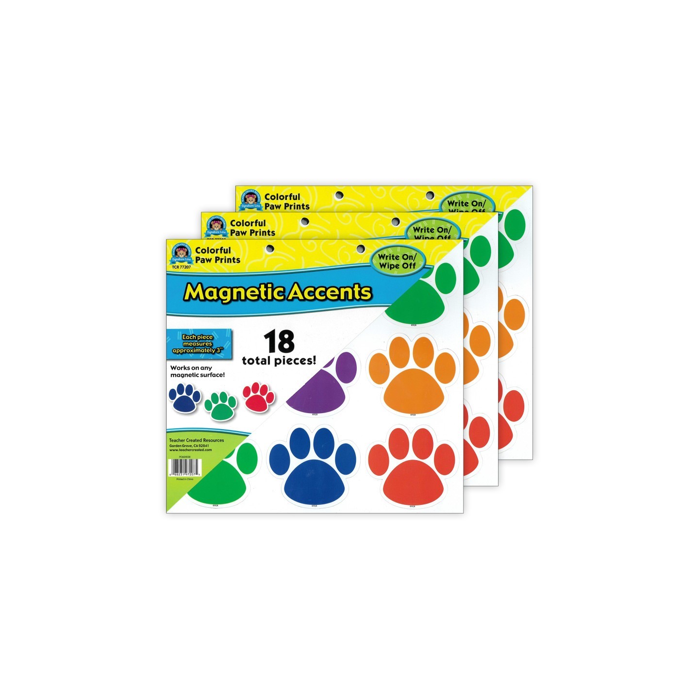 Teacher Created Resources® Colorful Paw Prints Magnetic Accents, 18 Per Packs, 3 Packs