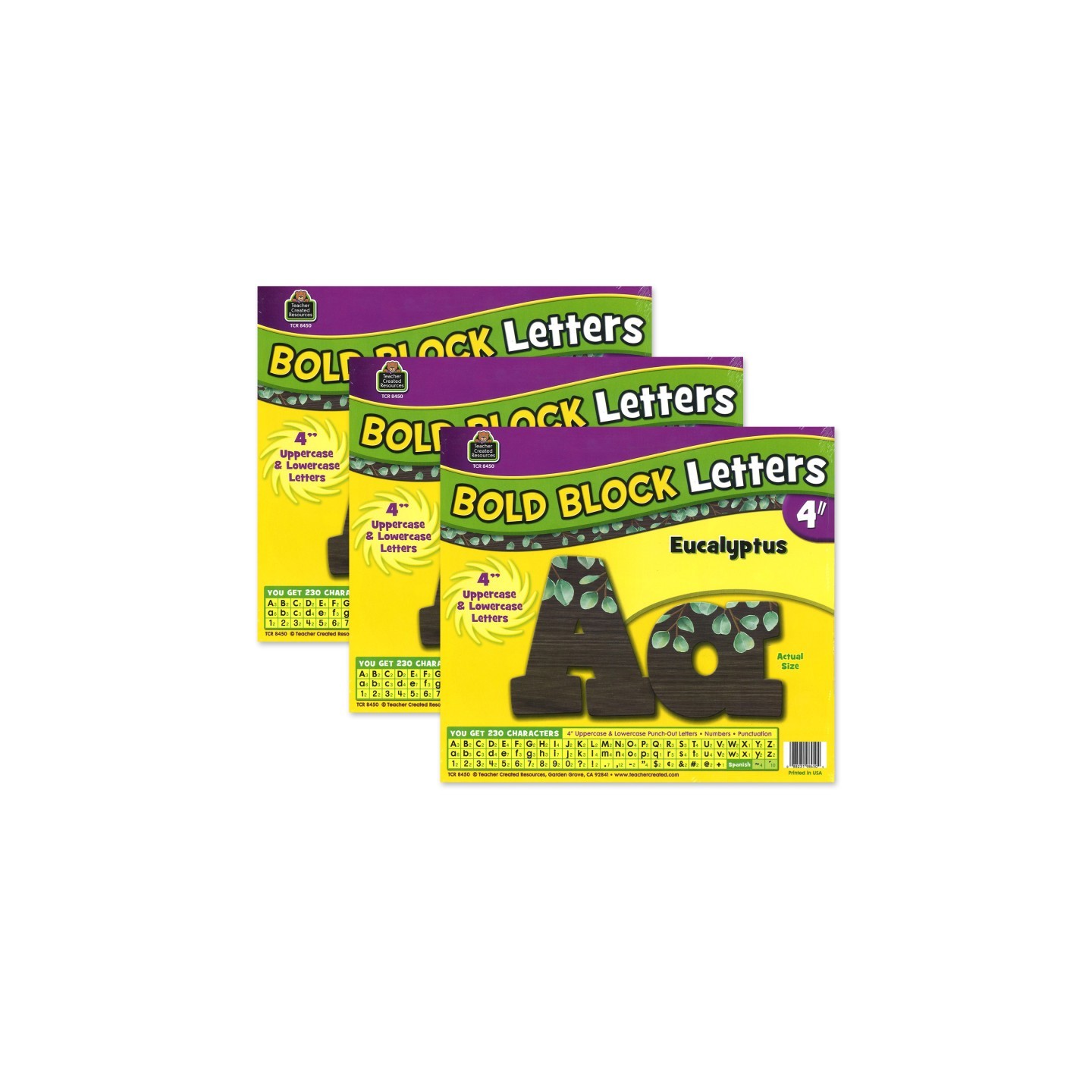 Teacher Created Resources® Eucalyptus 4" Bold Block Letters Combo Pack, 230 Per Pack, 3 Packs
