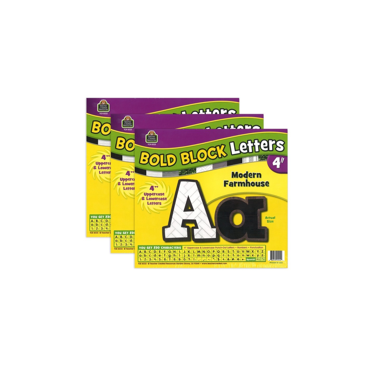 Teacher Created Resources® Modern Farmhouse Bold Block 4" Letters Combo Pack, 230 Pieces Per Pack, 3 Packs