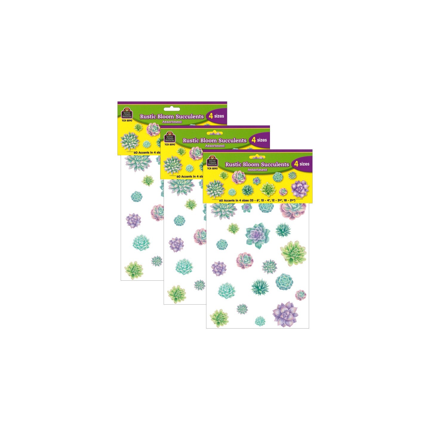 Teacher Created Resources® Rustic Bloom Succulents Accents, Assorted Sizes, 60 Per Pack, 3 Packs
