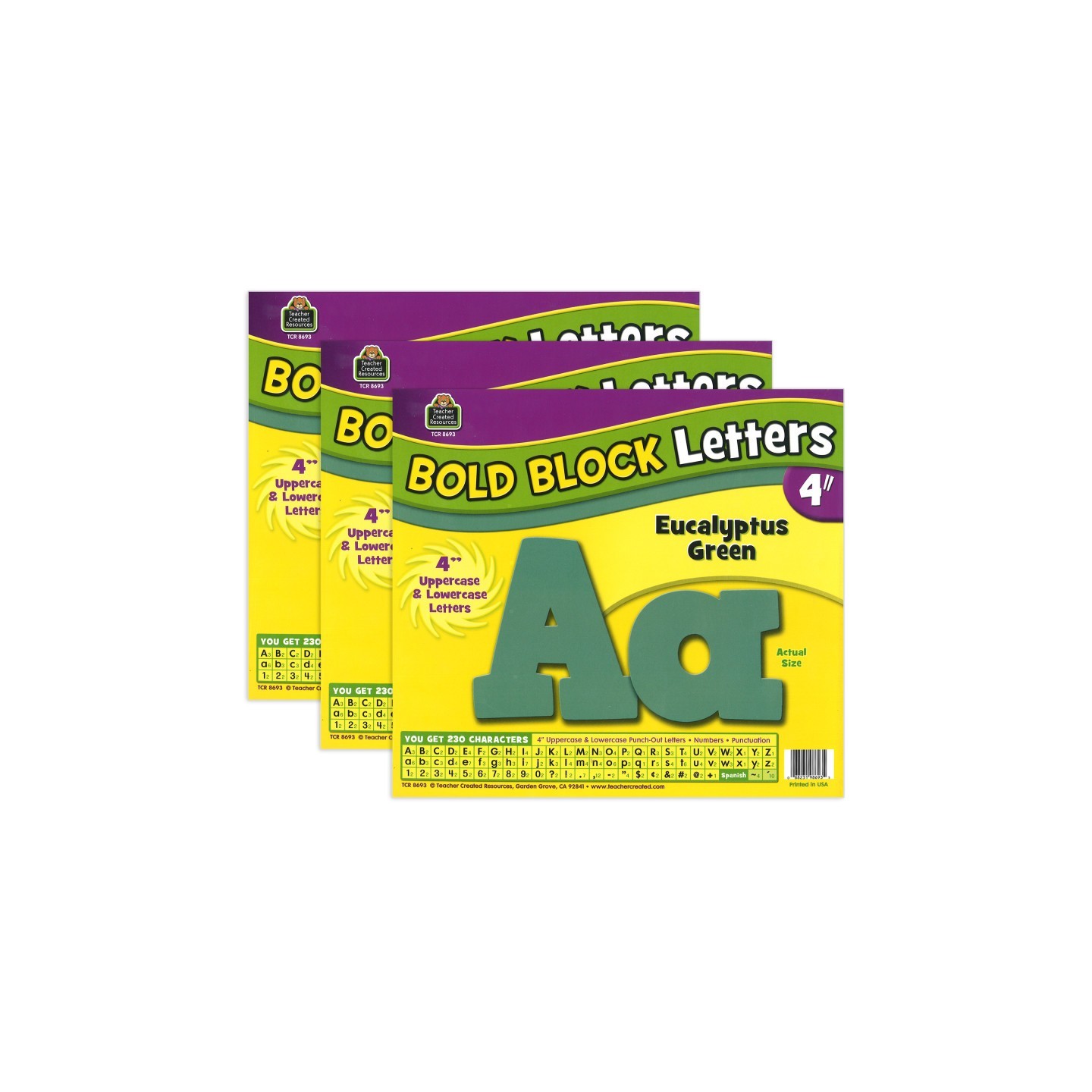 Teacher Created Resources® Eucalyptus Green 4" Bold Block Letters Combo, 230 Pack Per Pack, 3 Packs