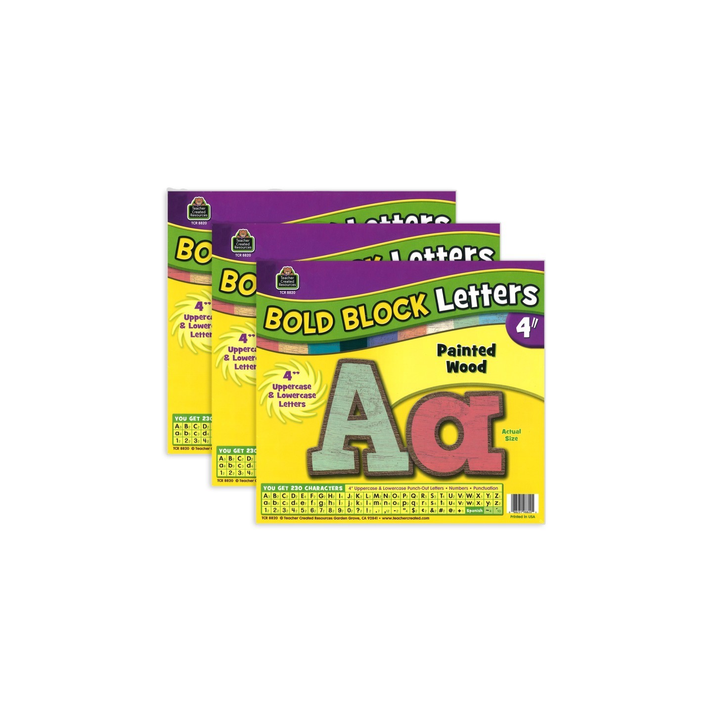 Teacher Created Resources® Painted Wood Design Bold Block 4" Letters Combo Pack, 230 Characters Per Pack, 3 Packs