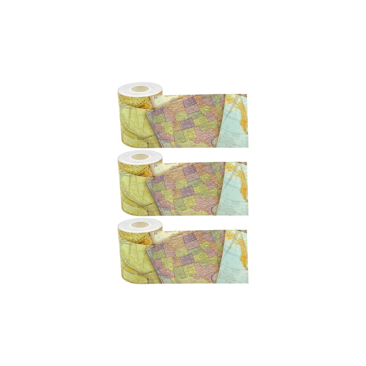 Teacher Created Resources® Travel the Map Straight Rolled Border Trim, 50 Feet Per Roll, Pack of 3