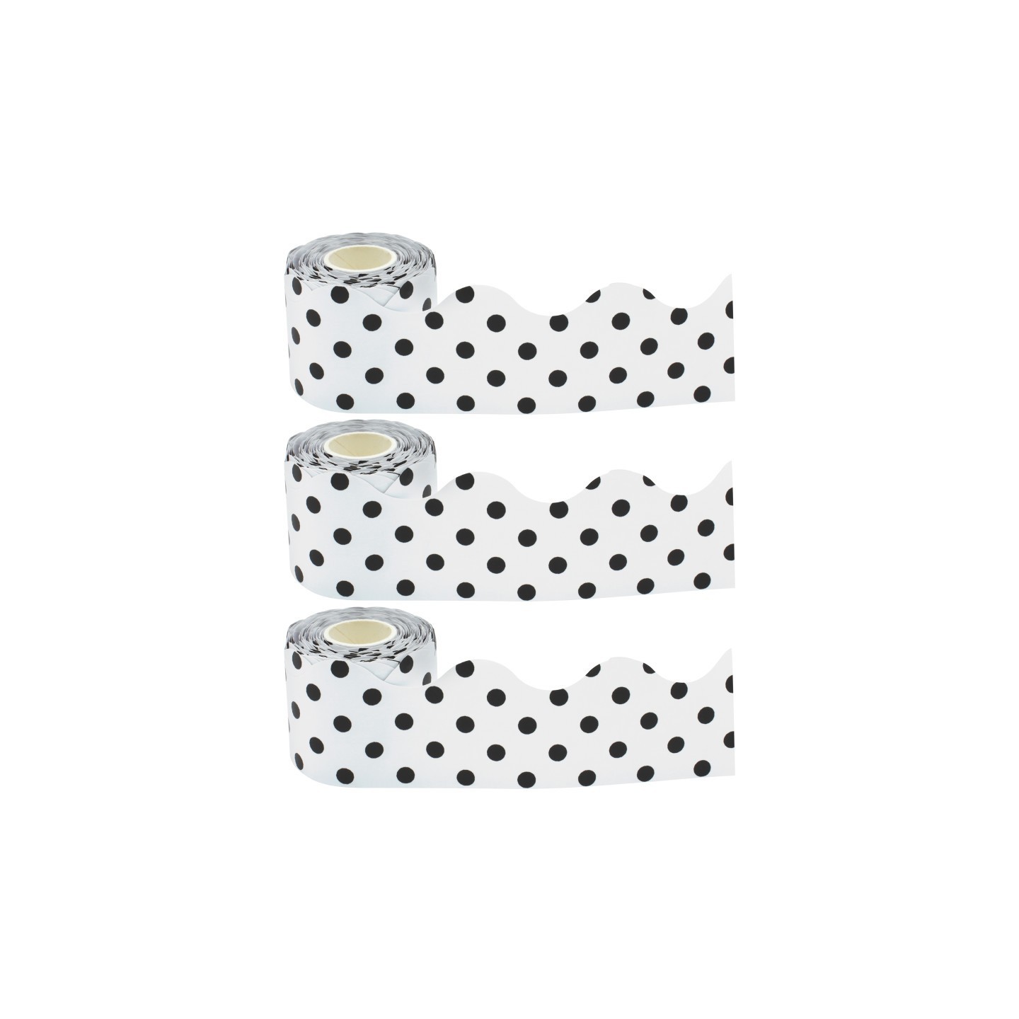 Teacher Created Resources® Black Polka Dots on White Scalloped Rolled Border Trim, 50 Feet Per Roll, Pack of 3