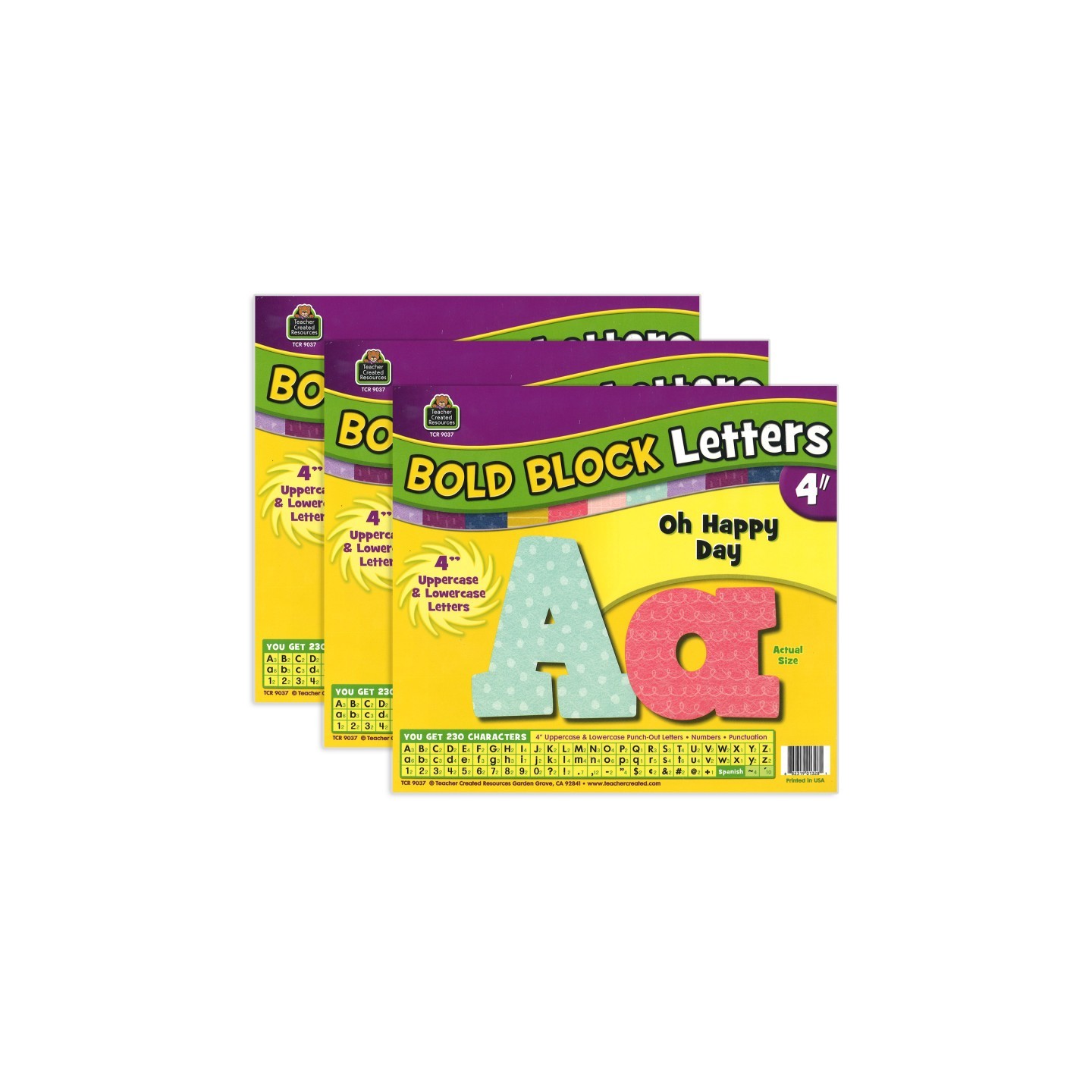 Teacher Created Resources® Oh Happy Day Bold Block 4" Letters Combo Pack, 230 Pieces Per Pack, 3 Packs