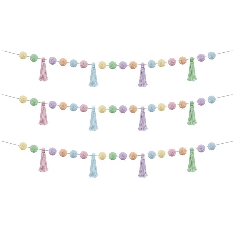 Teacher Created Resources® Pastel Pop Pom-Poms and Tassels Garland, 60", Pack of 3