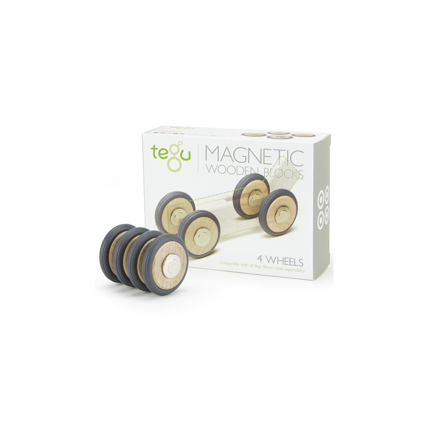 Tegu Magnetic Wooden Blocks, Wheels Accessory, Pack of 4