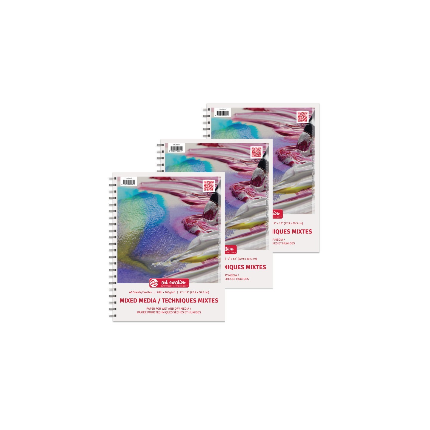 Talens Art Creation Mixed Media Paper Pad, Spiral Bound, 98lbs, 9" x 12", 40 Sheets, Pack of 3