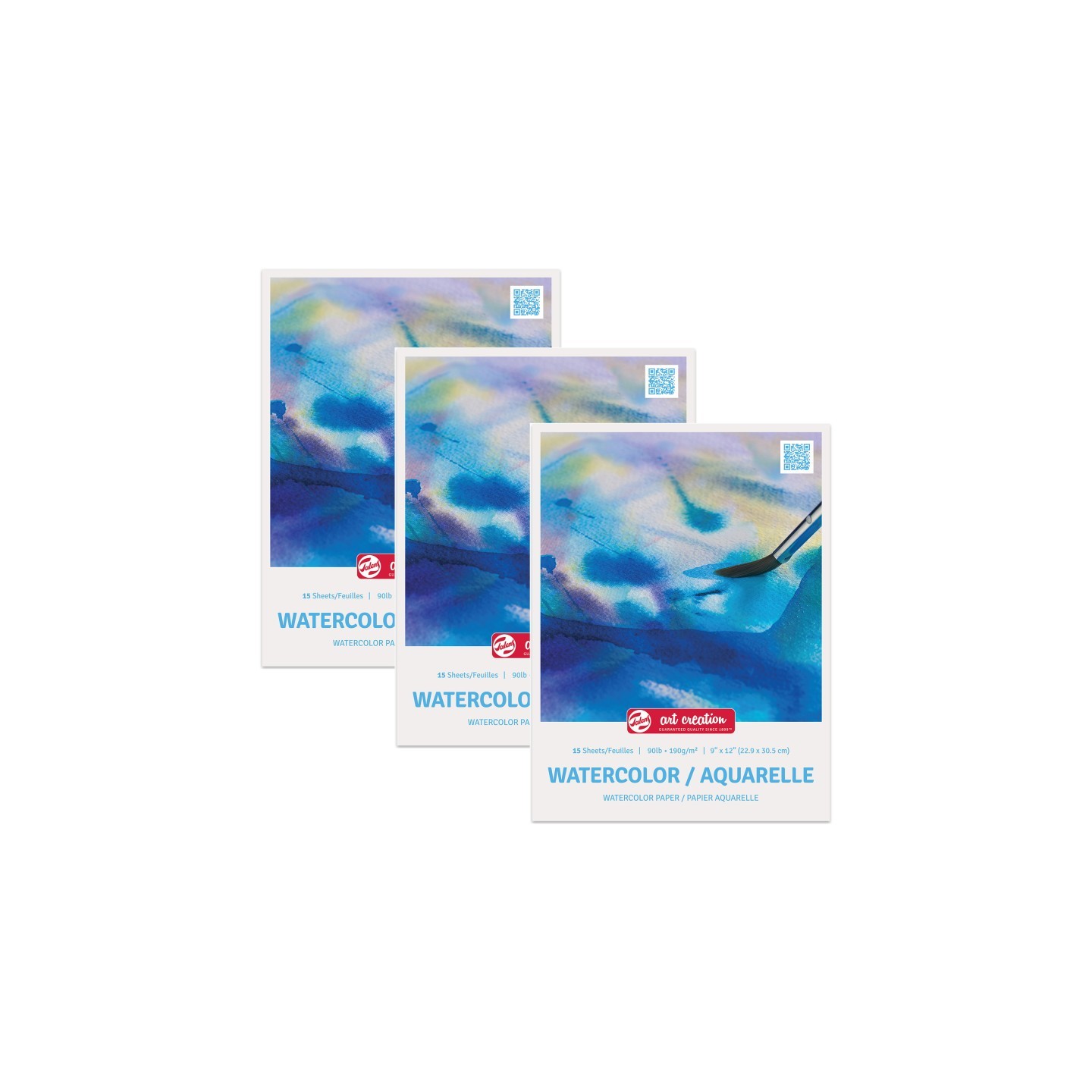 Talens Art Creation Watercolor Paper Pad, 90lbs, 9" x 12", 15 Sheets, Pack of 3