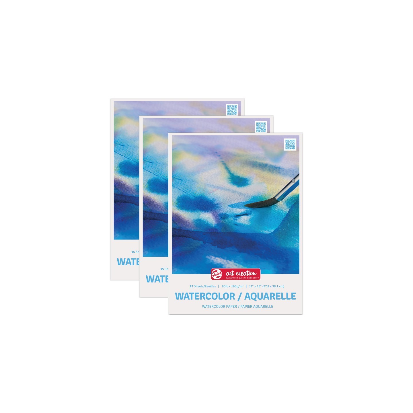 Talens Art Creation Watercolor Paper Pad, 90lbs, 11" x 15", 15 Sheets, Pack of 3