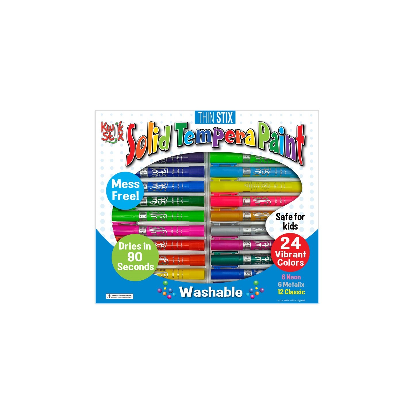 The Pencil Grip™ Thin Stix Solid Tempera Paint Set (Classic, Neon, Metallic), Pack of 24