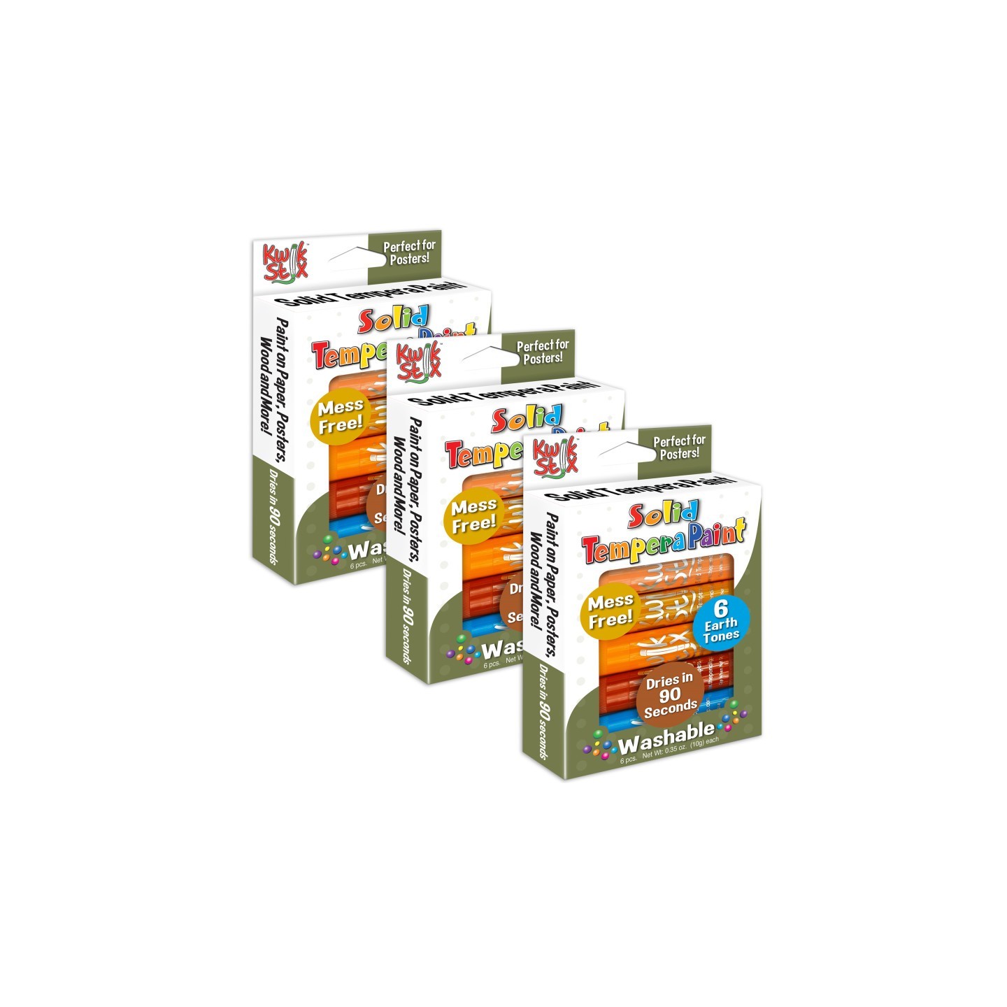 Kwik Stix™ Solid Tempera Paint, Earth Tones, 6 Per Pack, 3 Packs