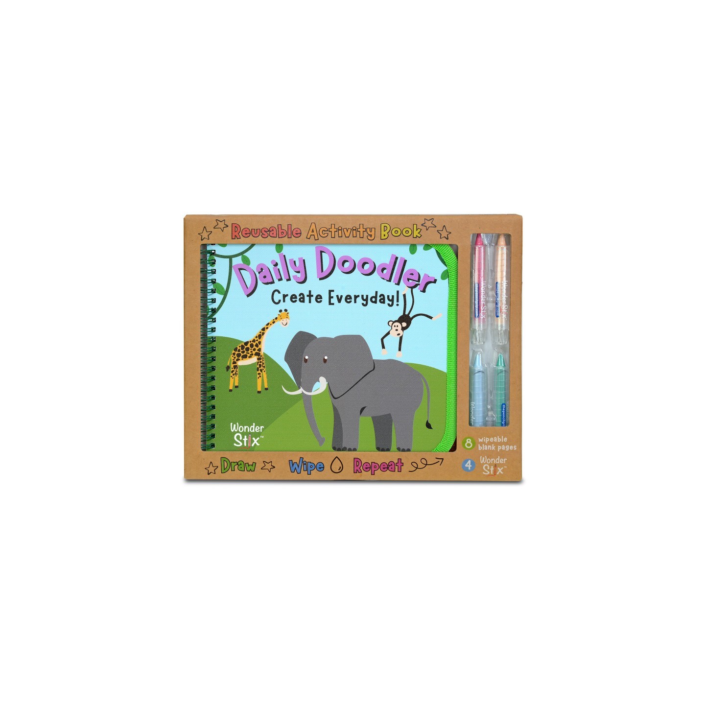 The Pencil Grip™ Daily Doodler Reusable Activity Book-Wild Animals Cover, Includes 4 Wonder Stix