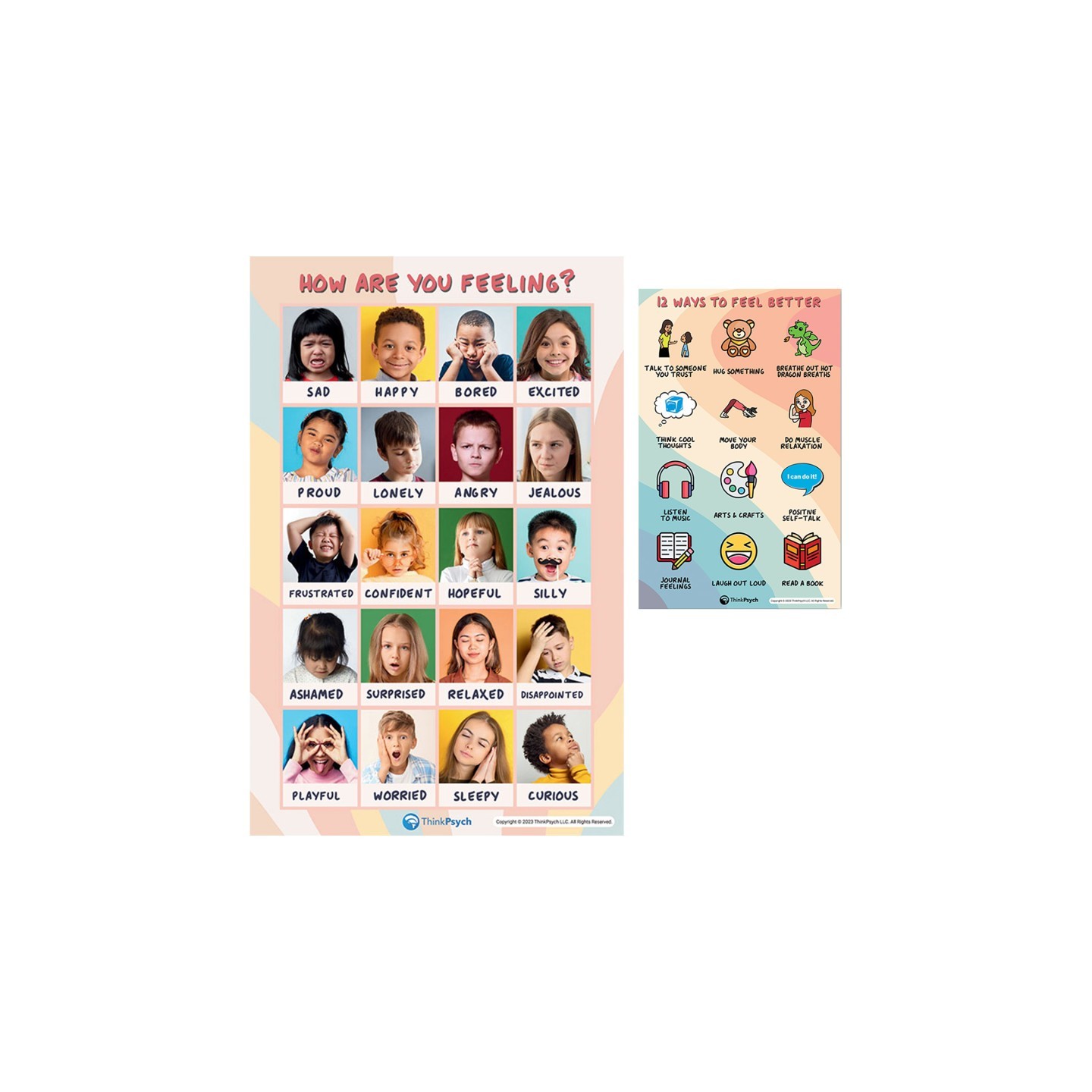 ThinkPsych Laminated Feelings & Coping Posters for Kids, 11" x 17", English & Spanish, Set of 2