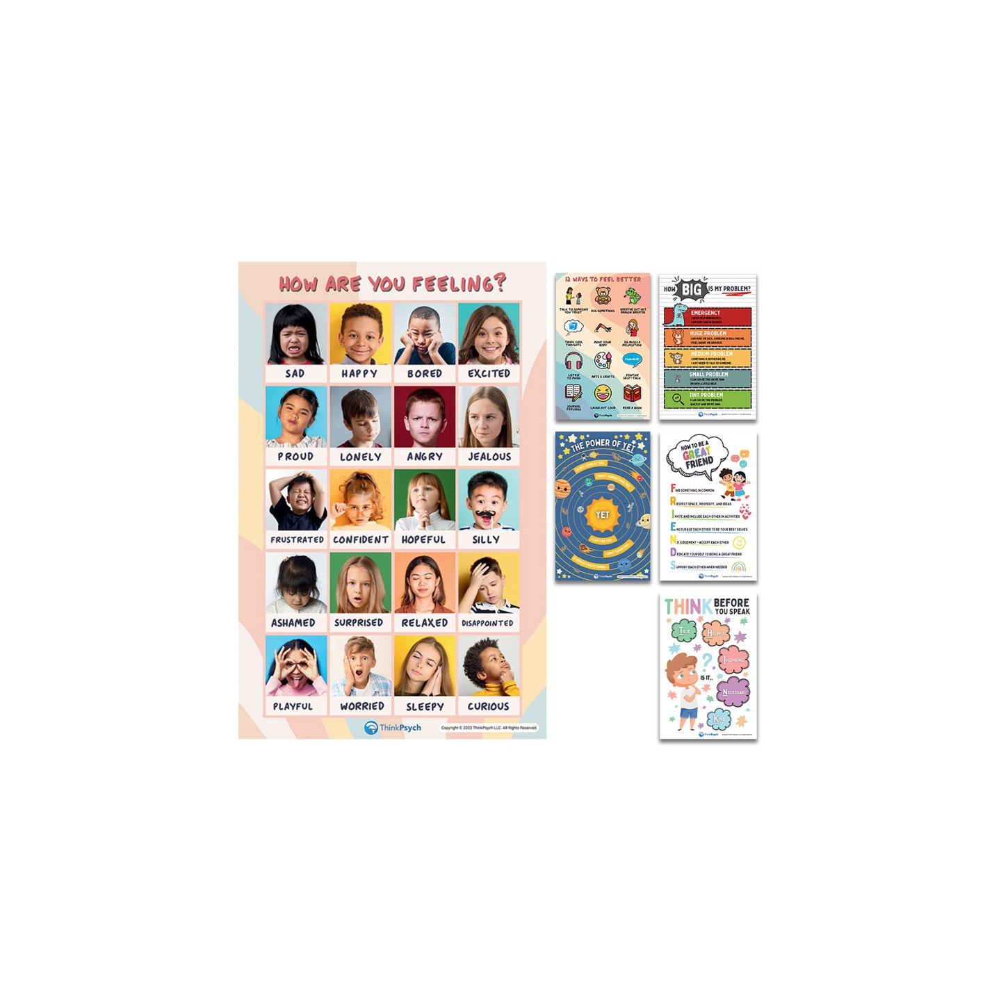 ThinkPsych Laminated Feelings & Life Skills Posters for Kids, 11" x 17", English & Spanish, Set of 6