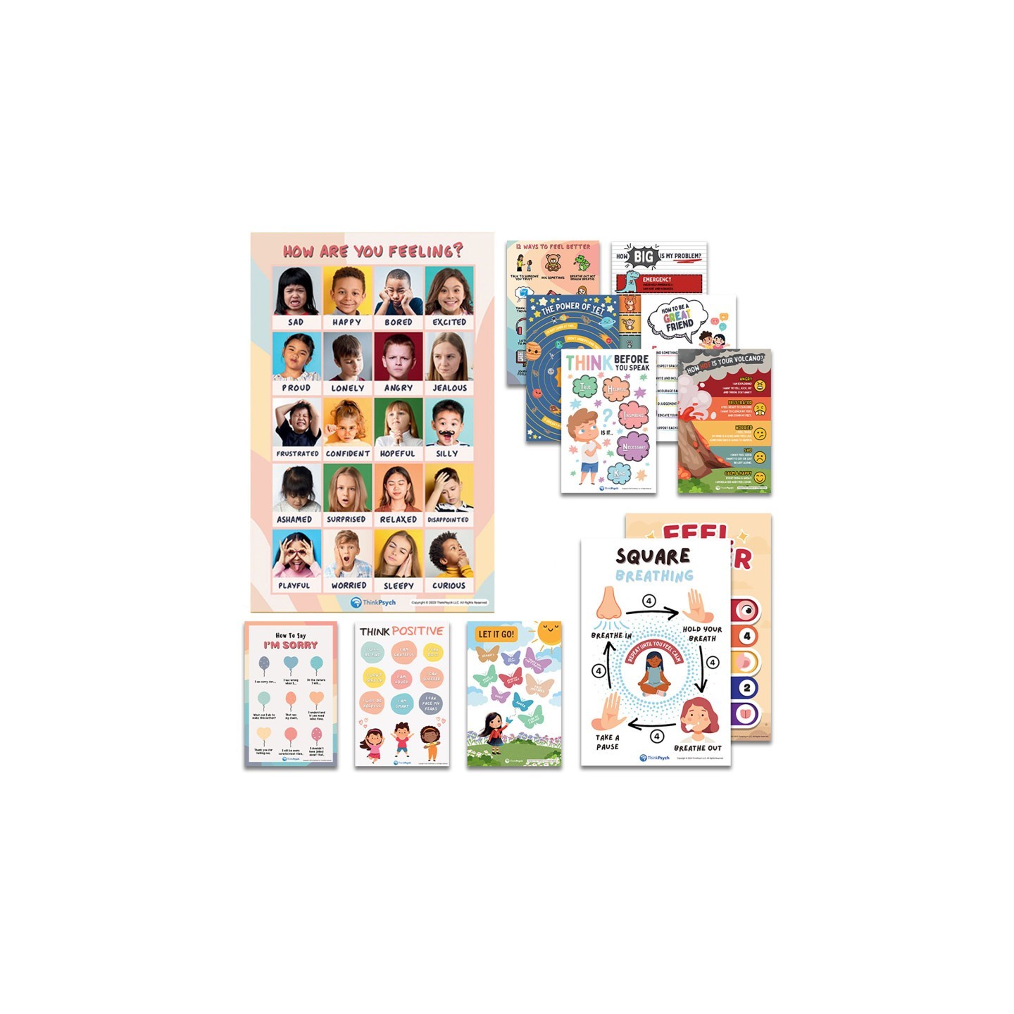 ThinkPsych Laminated Feelings & Life Skills Posters for Kids, 11" x 17", English & Spanish, Set of 12