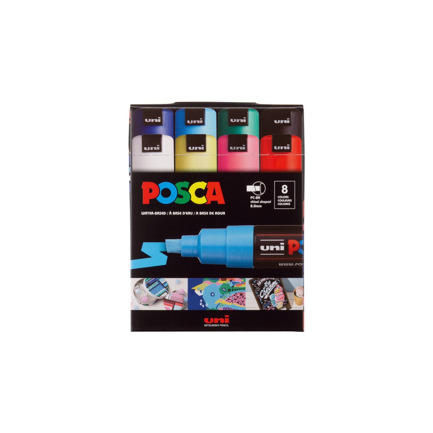 POSCA PC-8K Paint Markers, Broad Chisel Tip (8 mm), Assorted Colors, Set of 8