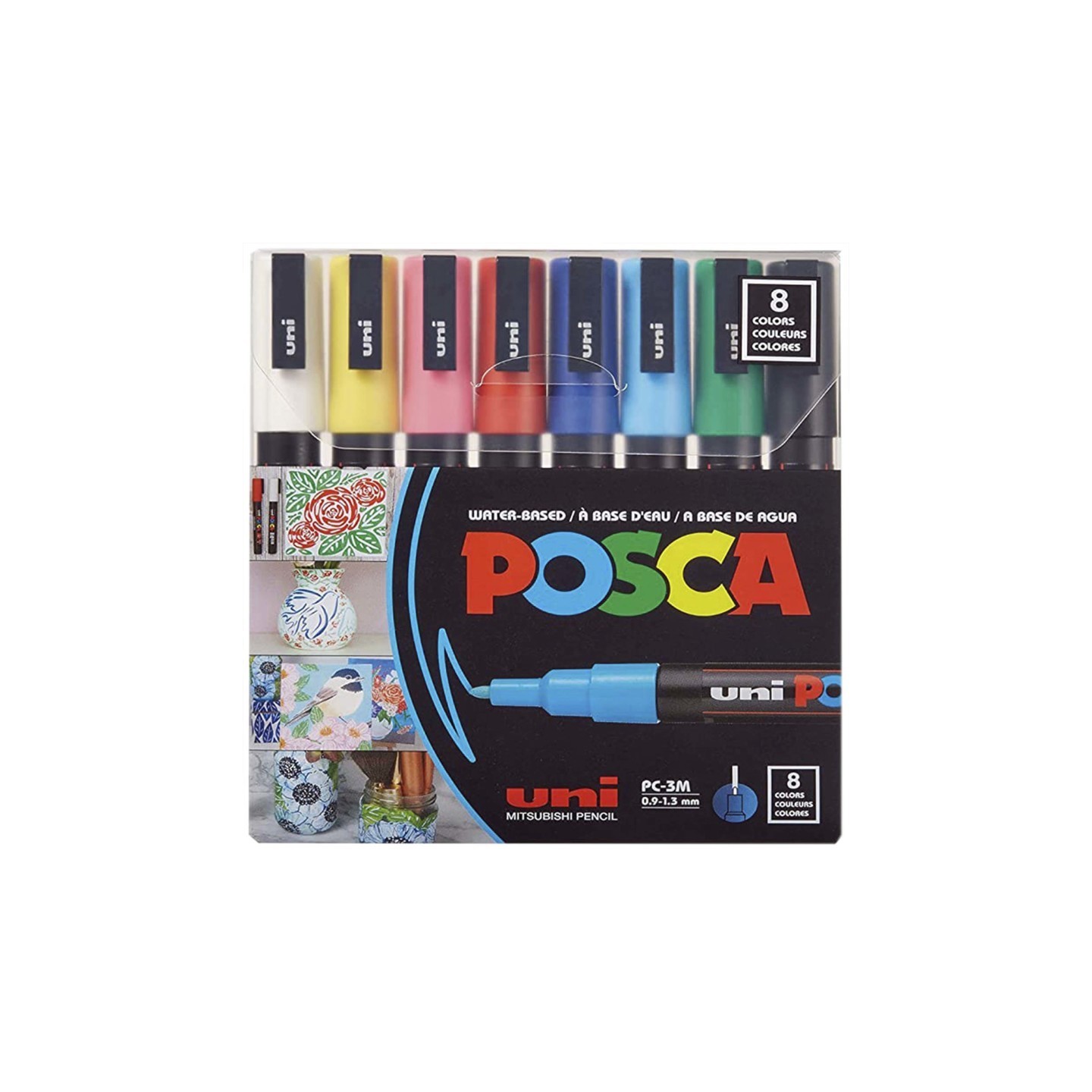 POSCA PC-3M Paint Markers, Fine Bullet Tip (0.9-1.3 mm), Assorted Colors, Set of 8