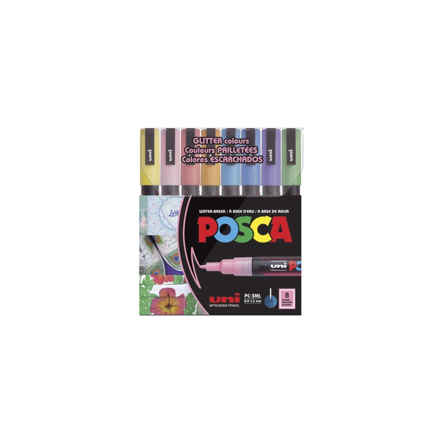 uni® uni® POSCA PC-3ML Water-Based Glitter Paint Markers, Reversible Fine Tip (0.9-1.3mm), Assorted Colors, 8 Pack