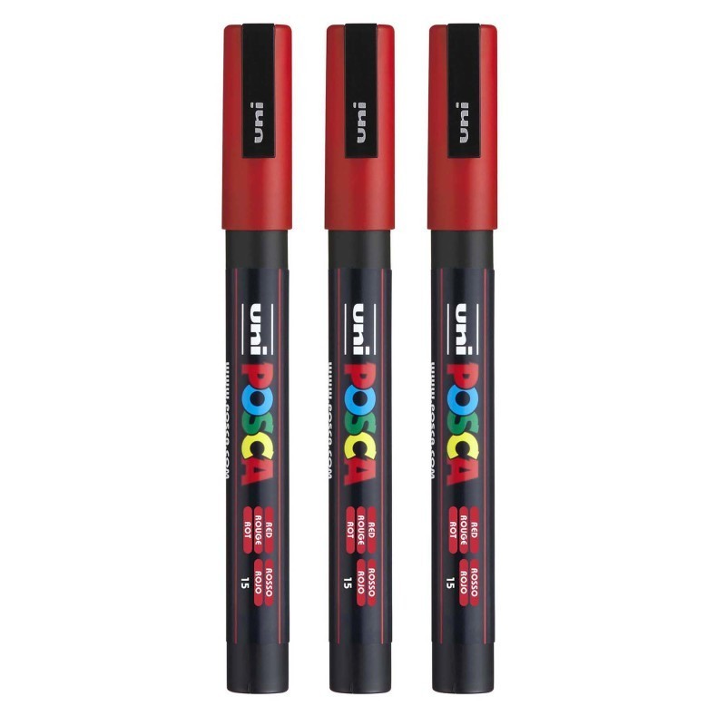 POSCA PC-3M Paint Marker, Fine Bullet Tip (0.9-1.3 mm), Red, Pack of 3