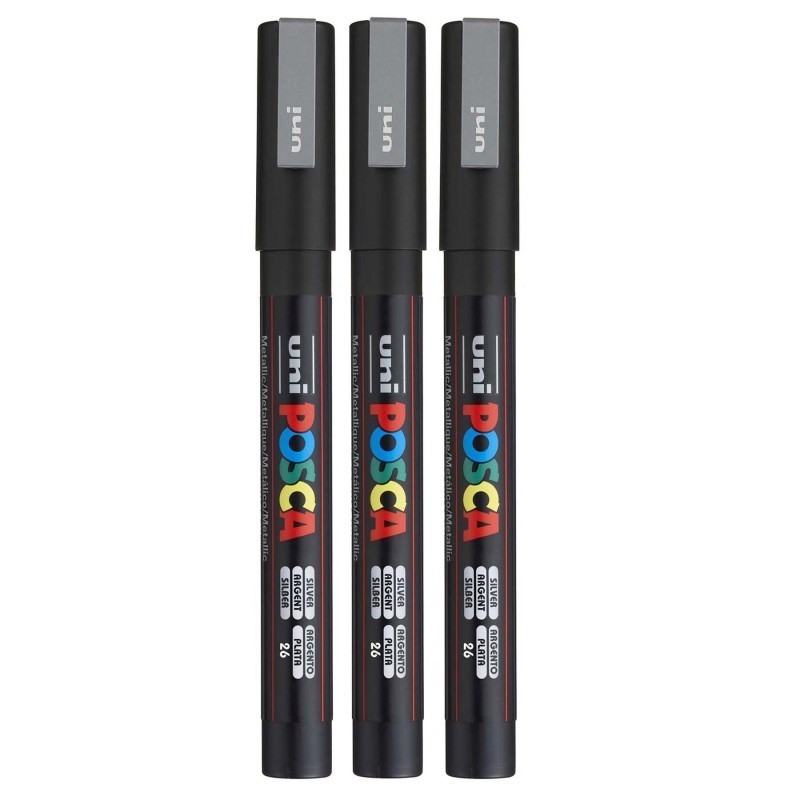 POSCA PC-3M Paint Marker, Fine Bullet Tip (0.9-1.3 mm), Silver, Pack of 3