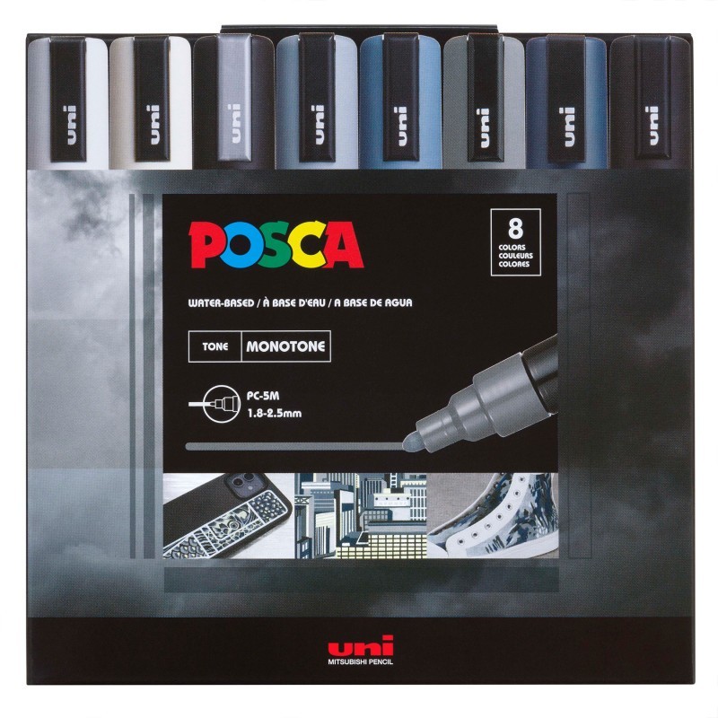 POSCA PC-5M Paint Markers, Medium Bullet Tip (1.8-2.5 mm), Monotone Colors, Set of 8