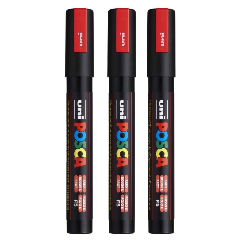 POSCA PC-5M Paint Markers, Medium Bullet Tip (1.8-2.5 mm), Fluorescent Red, Pack of 3