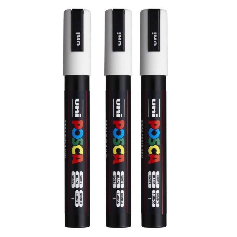 POSCA PC-5M Paint Markers, Medium Bullet Tip (1.8-2.5 mm), White, Pack of 3