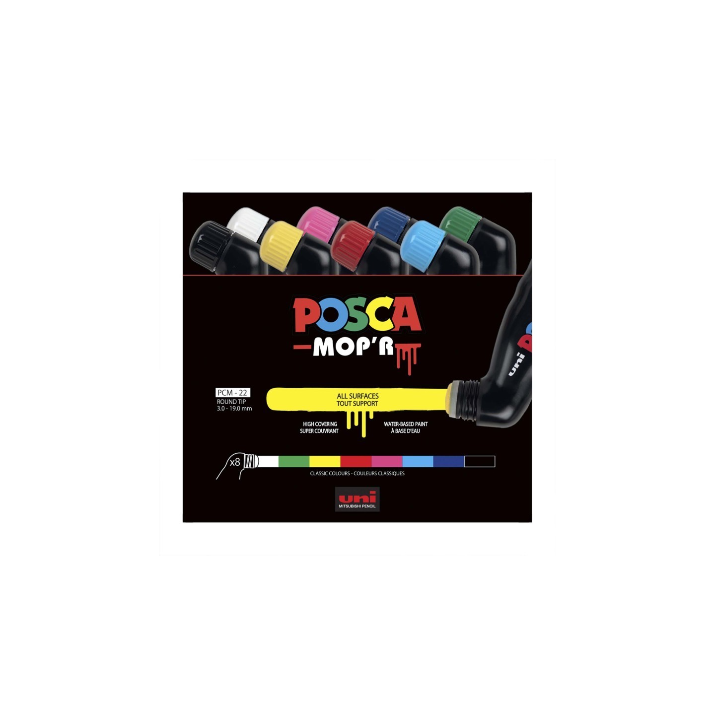 POSCA Mop'R PCM-22 Squeezable Paint Markers, Round Tip (3.0-19.0 mm), Assorted Colors, Set of 8