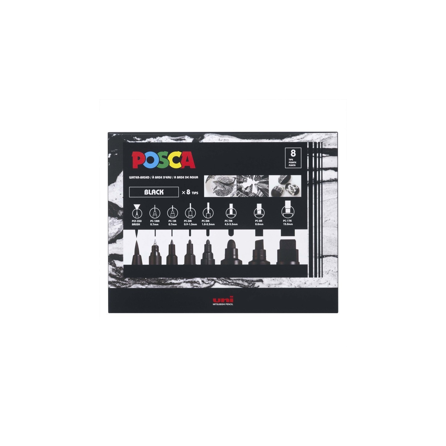 POSCA PC-Mix Paint Markers, Assorted Sizes, Black, Set of 8