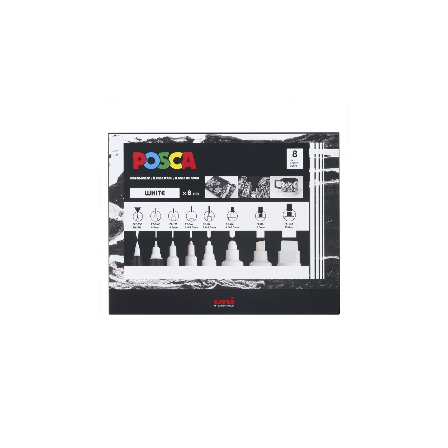 POSCA PC-Mix Paint Markers, Assorted Sizes, White, Set of 8