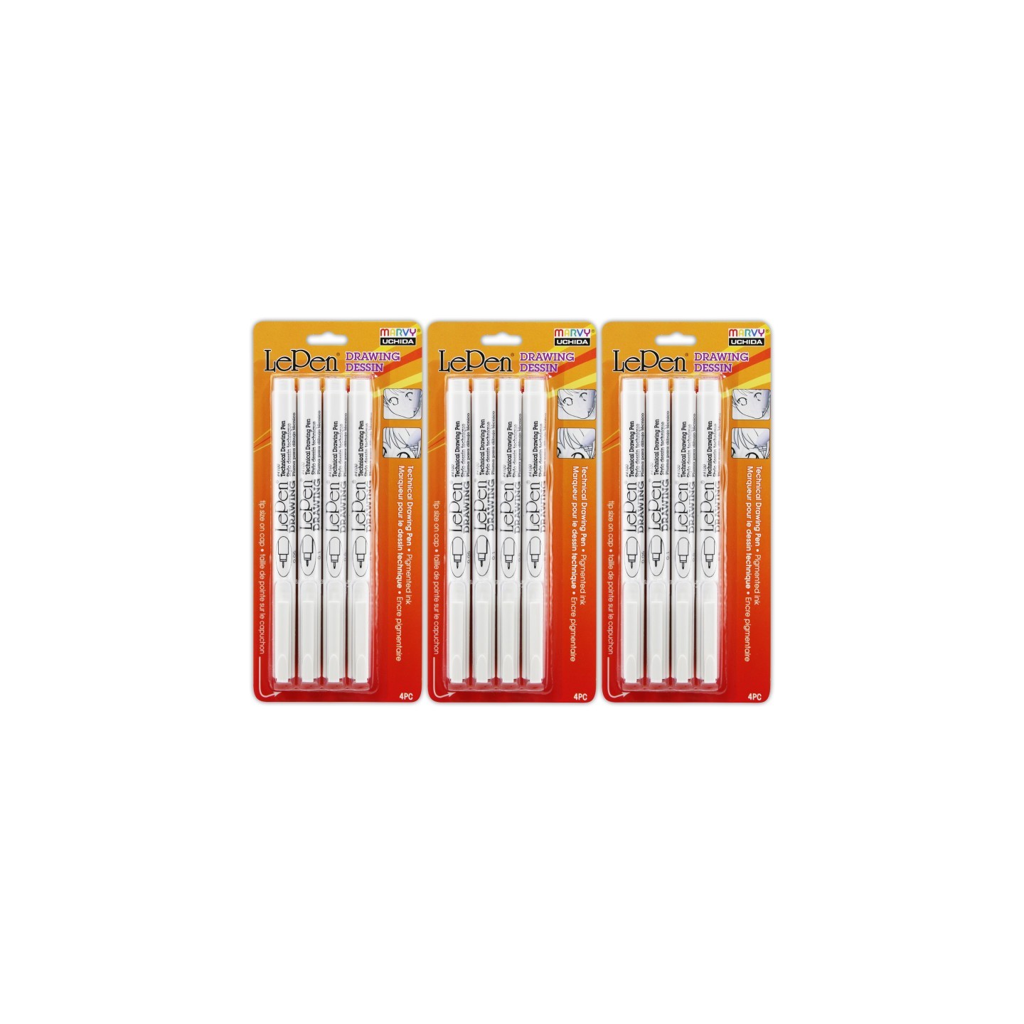Marvy Uchida® LePen® Drawing Pens, 4 Per Pack, 3 Packs