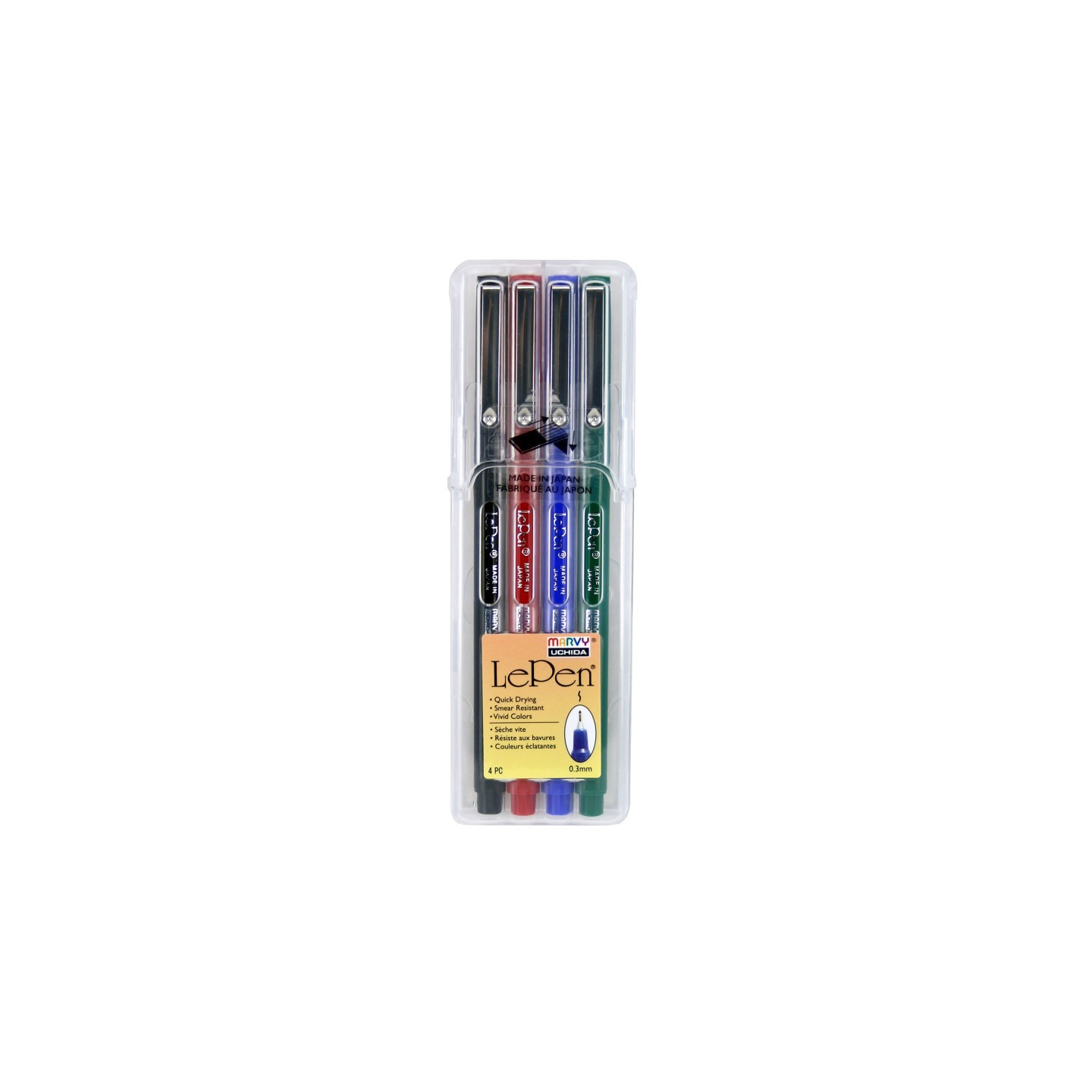 Marvy Uchida® Le Pen® Drawing Pens, Primary Colors, 0.3 mm Tip, Set of 4