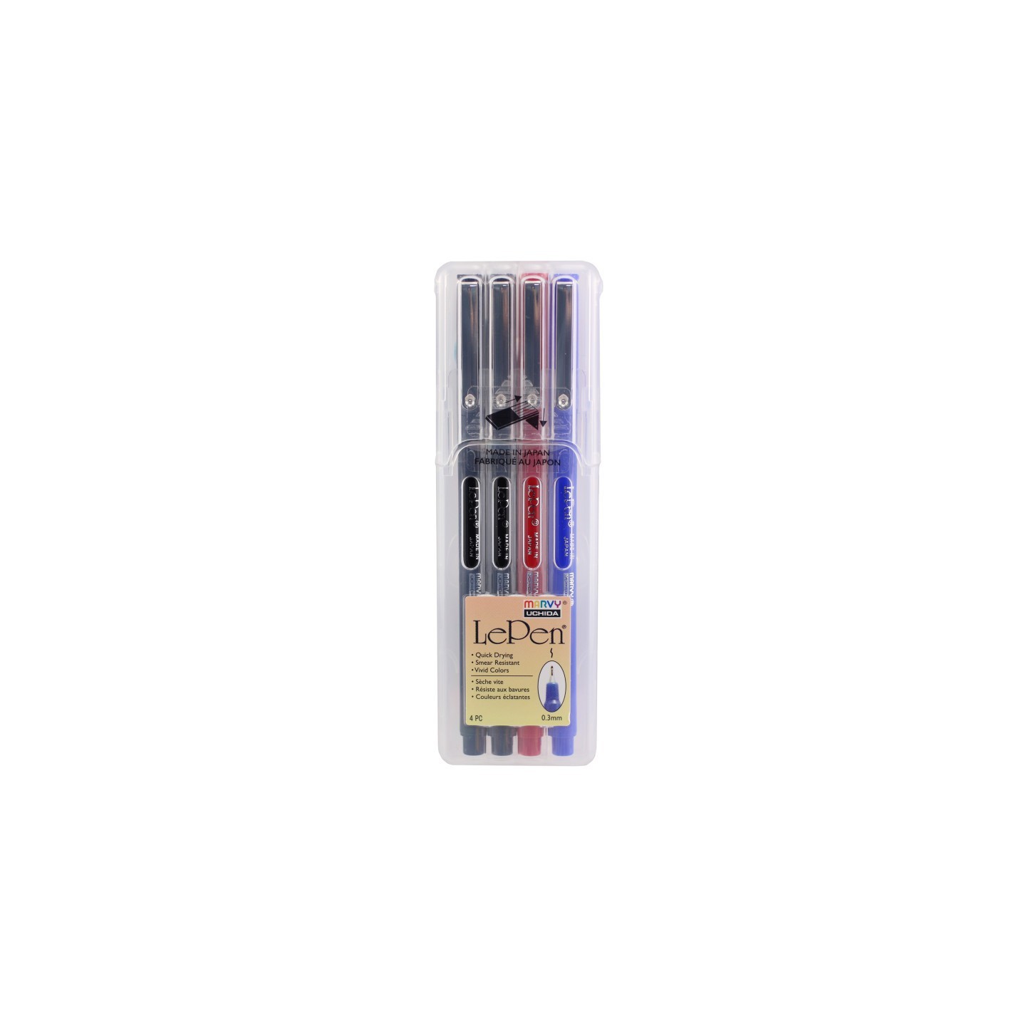 Marvy Uchida® Le Pen® Drawing Pens, Basic Colors, 0.3 mm Tip, Set of 4