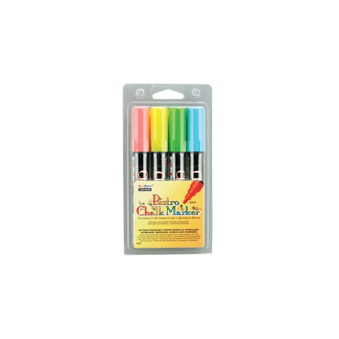 Marvy Uchida® Broad Point Chalk Marker Broad Tip Set 4A, Fluorescent Red, Blue, Yellow and Green