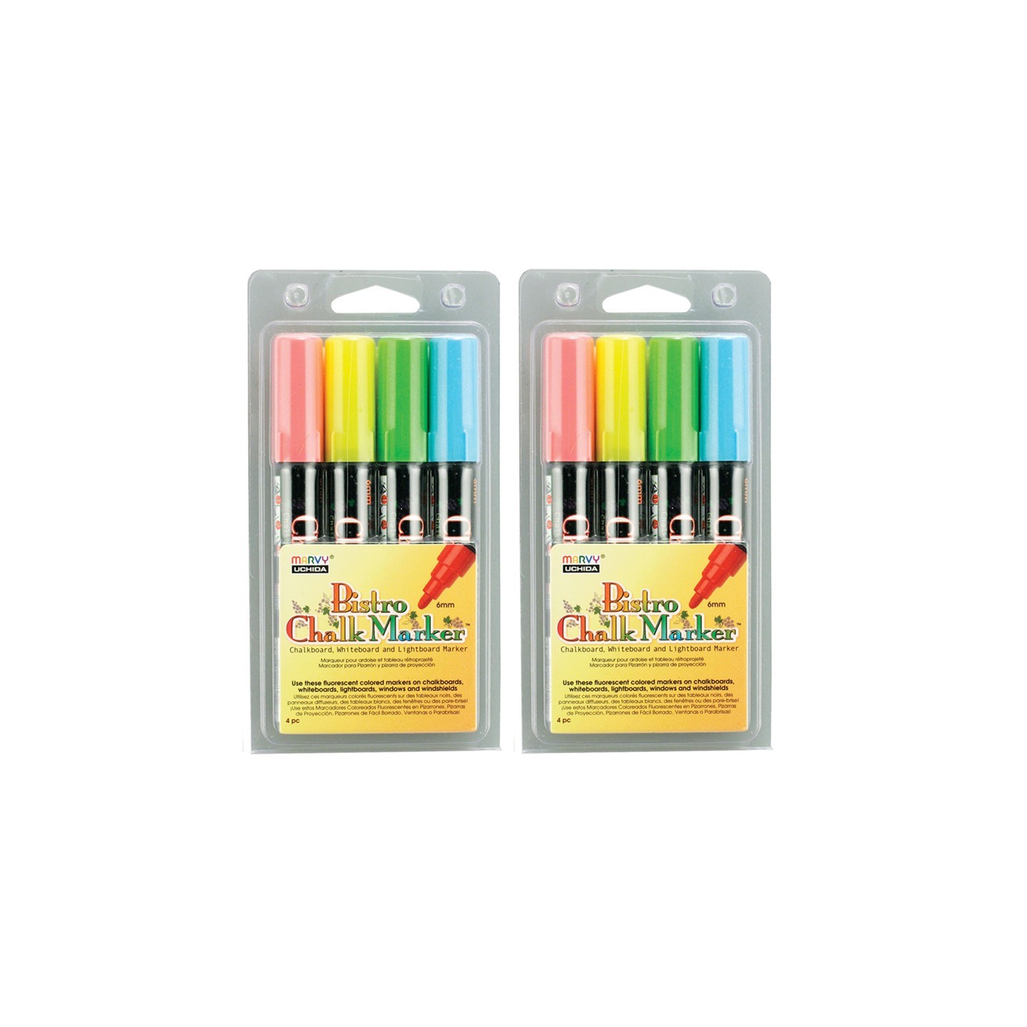 Marvy Uchida® Broad Point Chalk Marker Broad Tip Set 4A, Fluorescent Red, Blue, Yellow and Green, 4 Per Set, 2 Sets