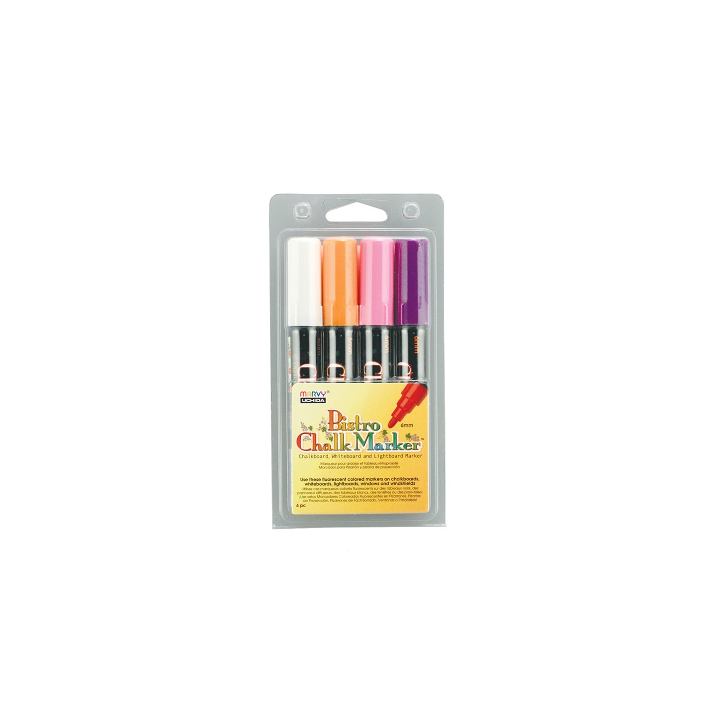 Marvy Uchida® Broad Point Chalk Marker Broad Tip Set 4B, Fluorescent Violet, Orange, Pink, White