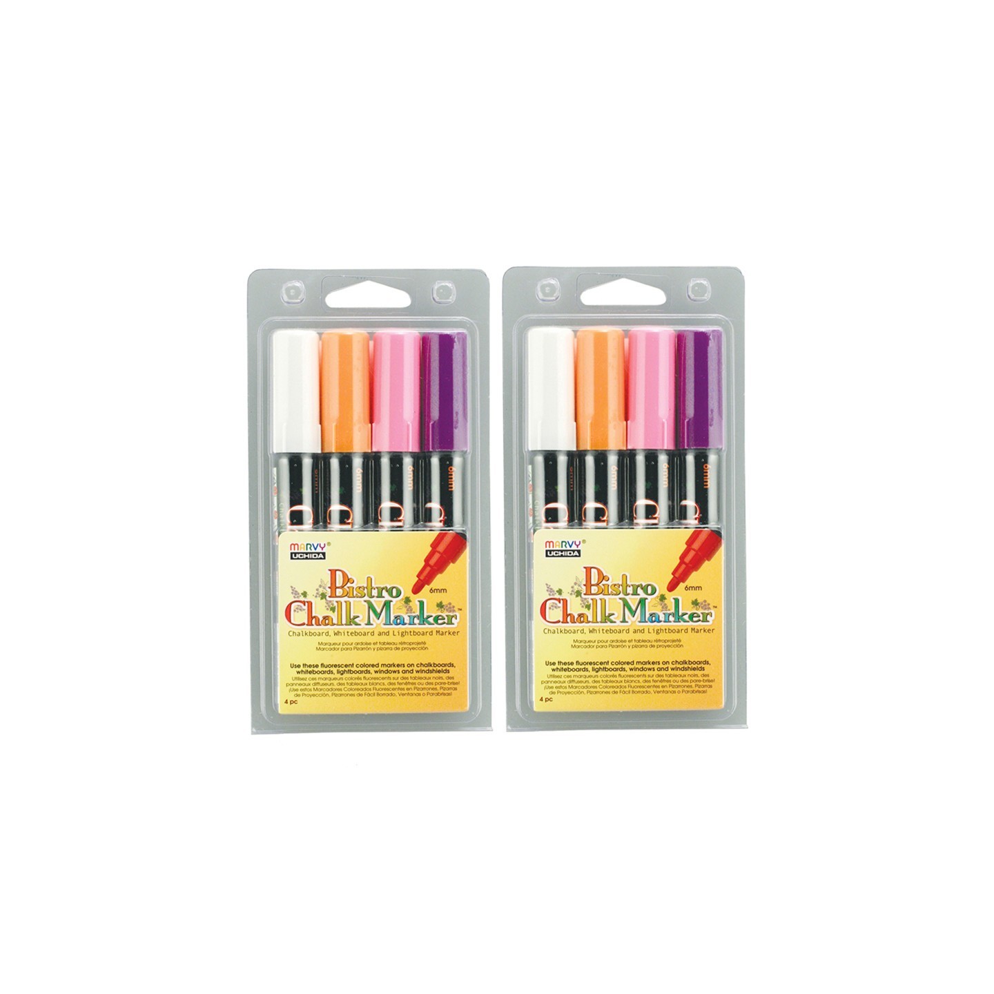 Marvy Uchida® Broad Point Chalk Marker Broad Tip Set 4B, Fluorescent Colors, 4 Per Pack, 2 Packs