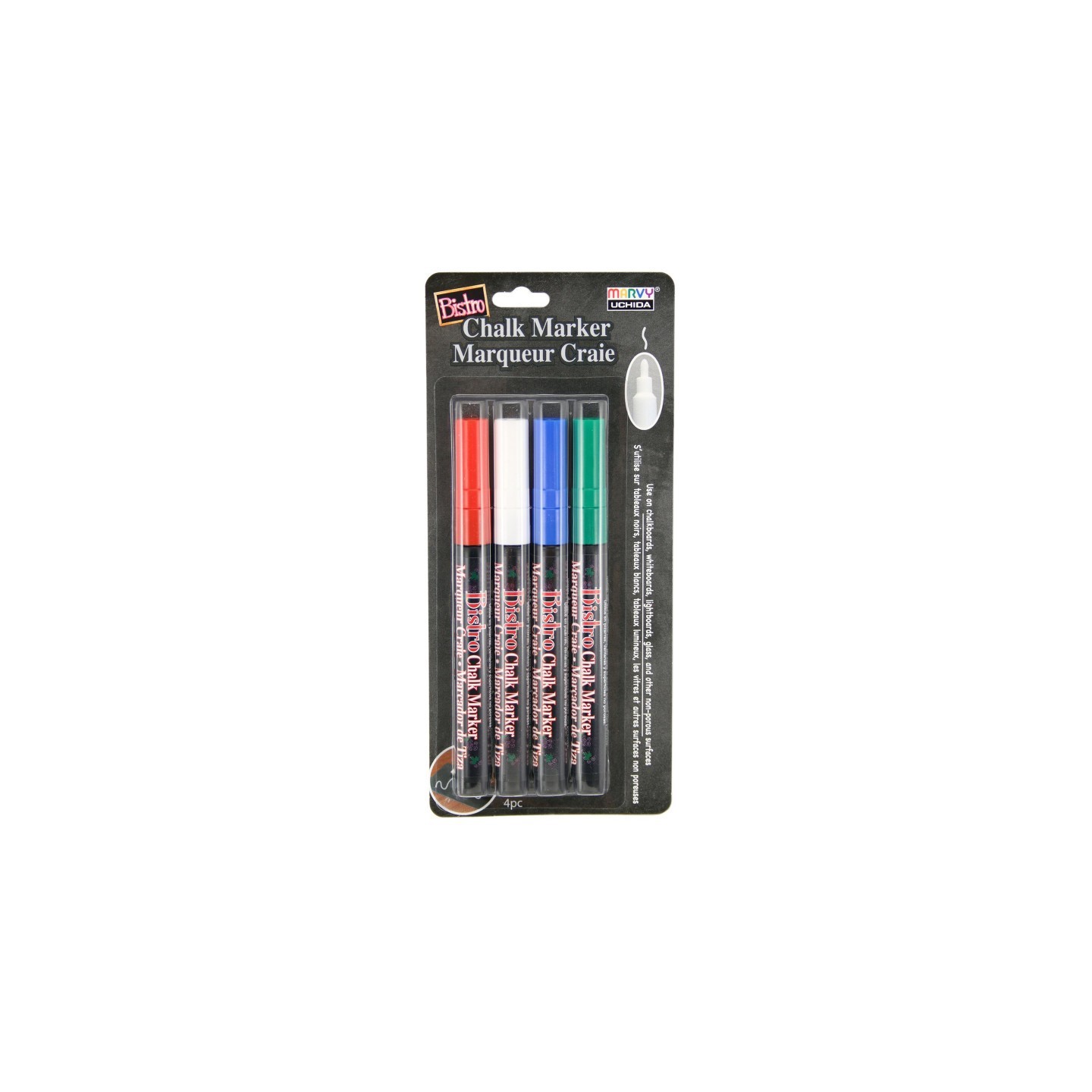 Marvy Uchida® Bistro Chalk Markers, Fine Tip, 4-Color Set, Red, Green, Blue, White
