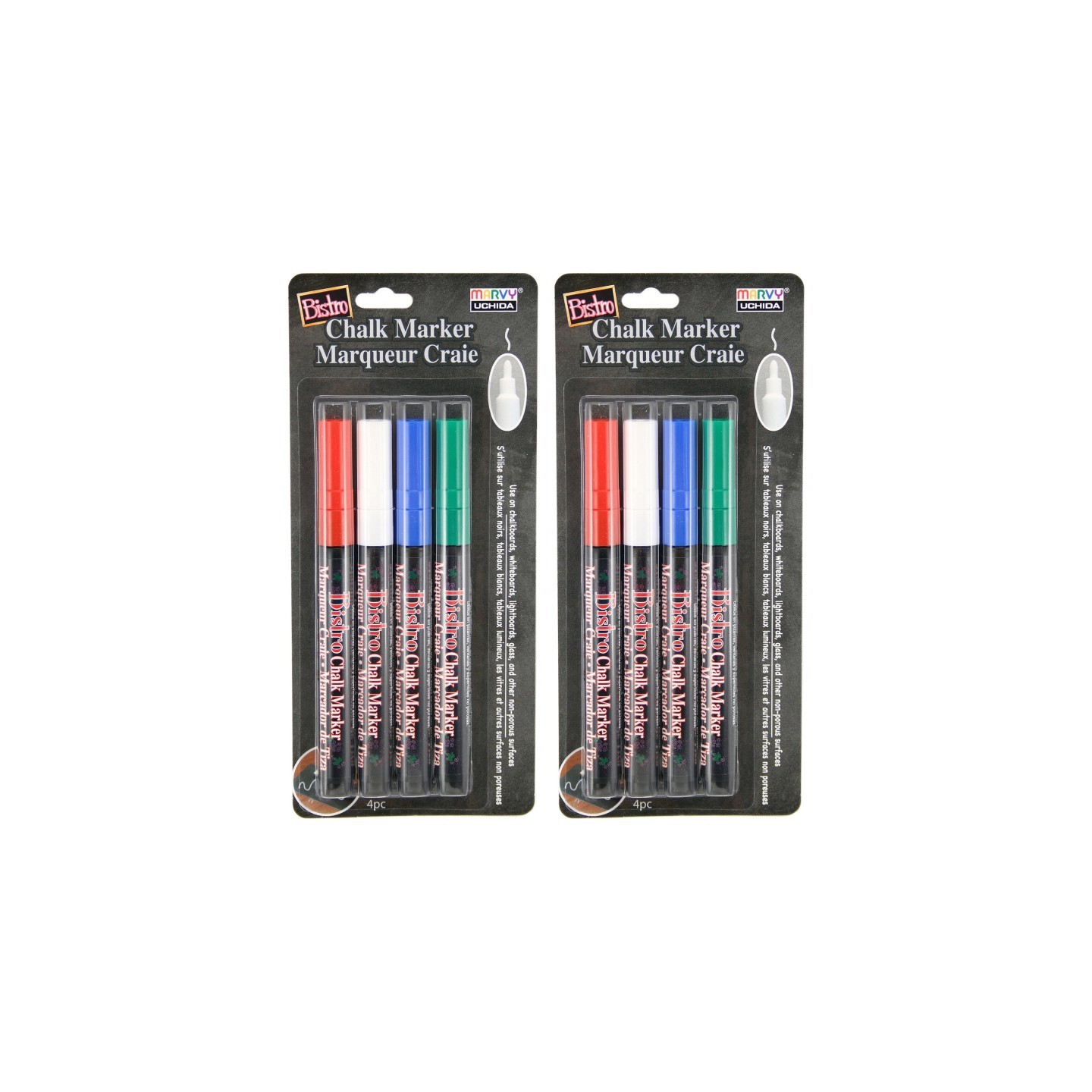 Marvy Uchida® Bistro Chalk Markers, Fine Tip, Red, Green, Blue, White, 4 Per Pack, 2 Packs