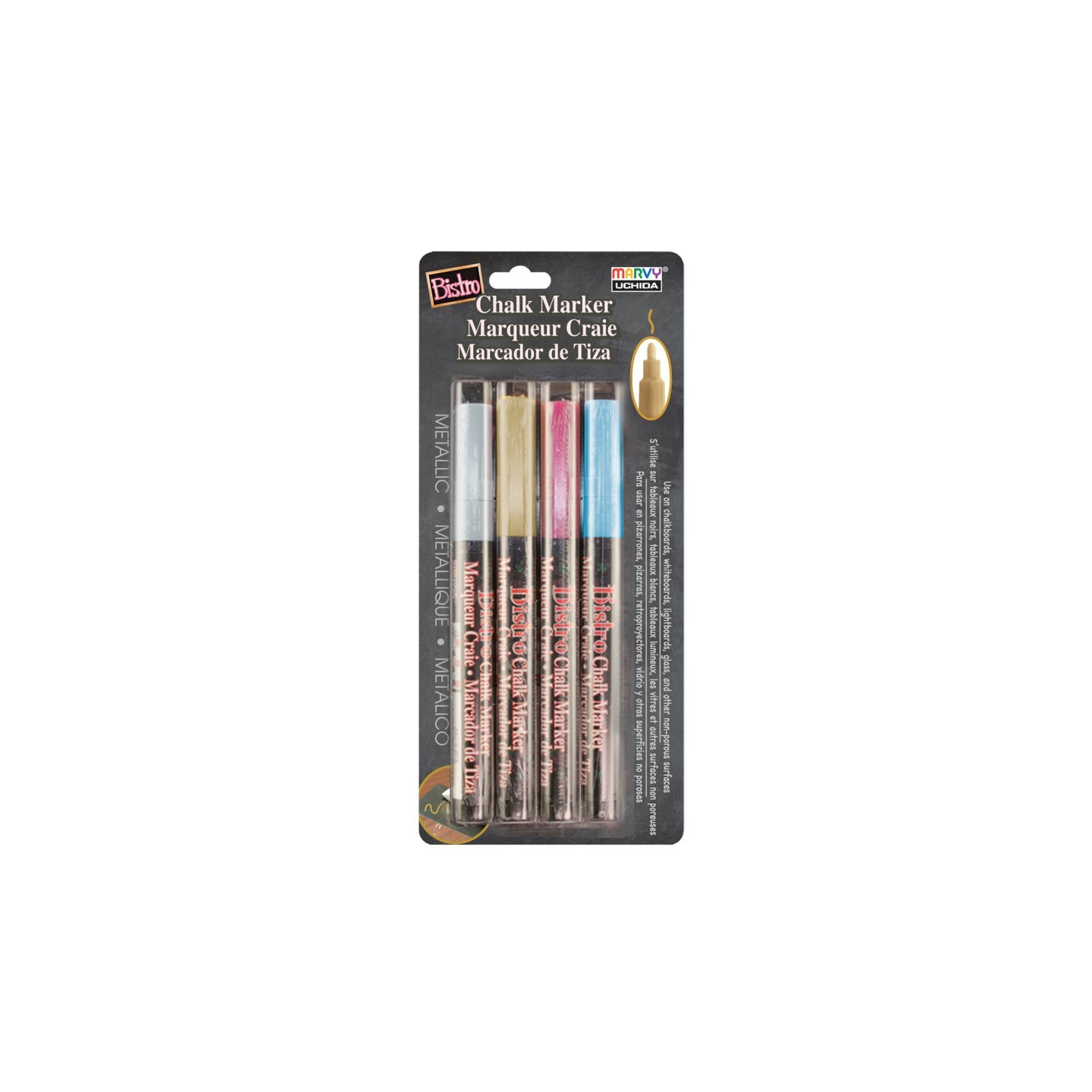 Marvy Uchida® Broad Point Chalk Marker Metallic Fine Tip Set 4M, Gold, Silver, Blue, Red