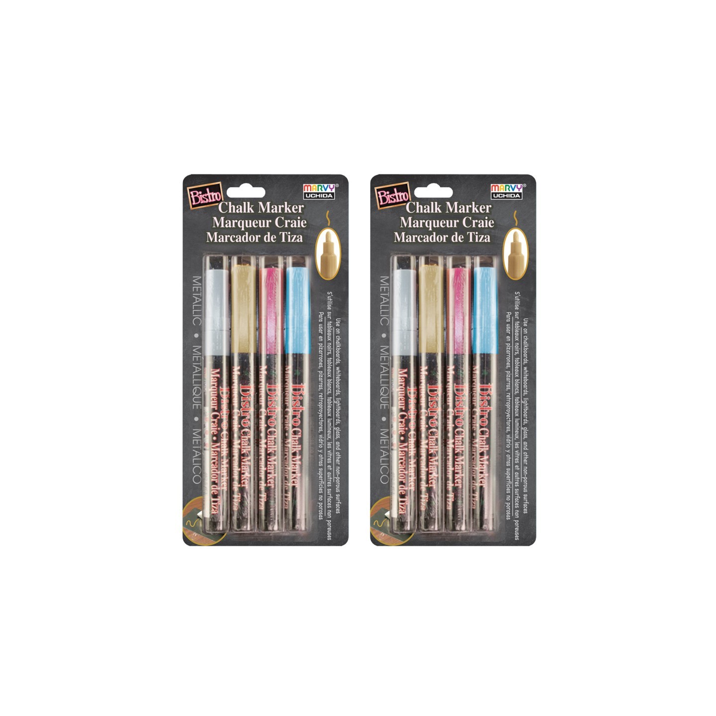 Marvy Uchida® Bistro Chalk Marker Fine Tip Set 4M, Metallic Colors, 4 Per Pack, 2 Packs