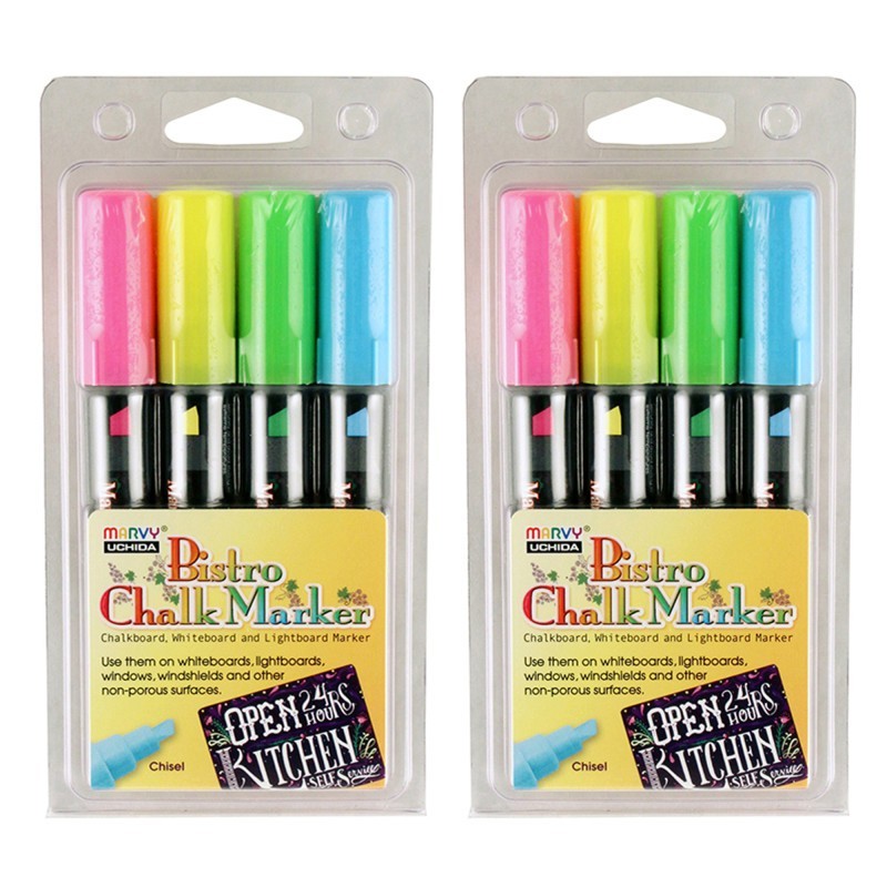 Marvy Uchida® Bistro Chalk Marker Chisel Tip Set 4H, Fluorescent Colors, 4 Per Pack, 2 Packs