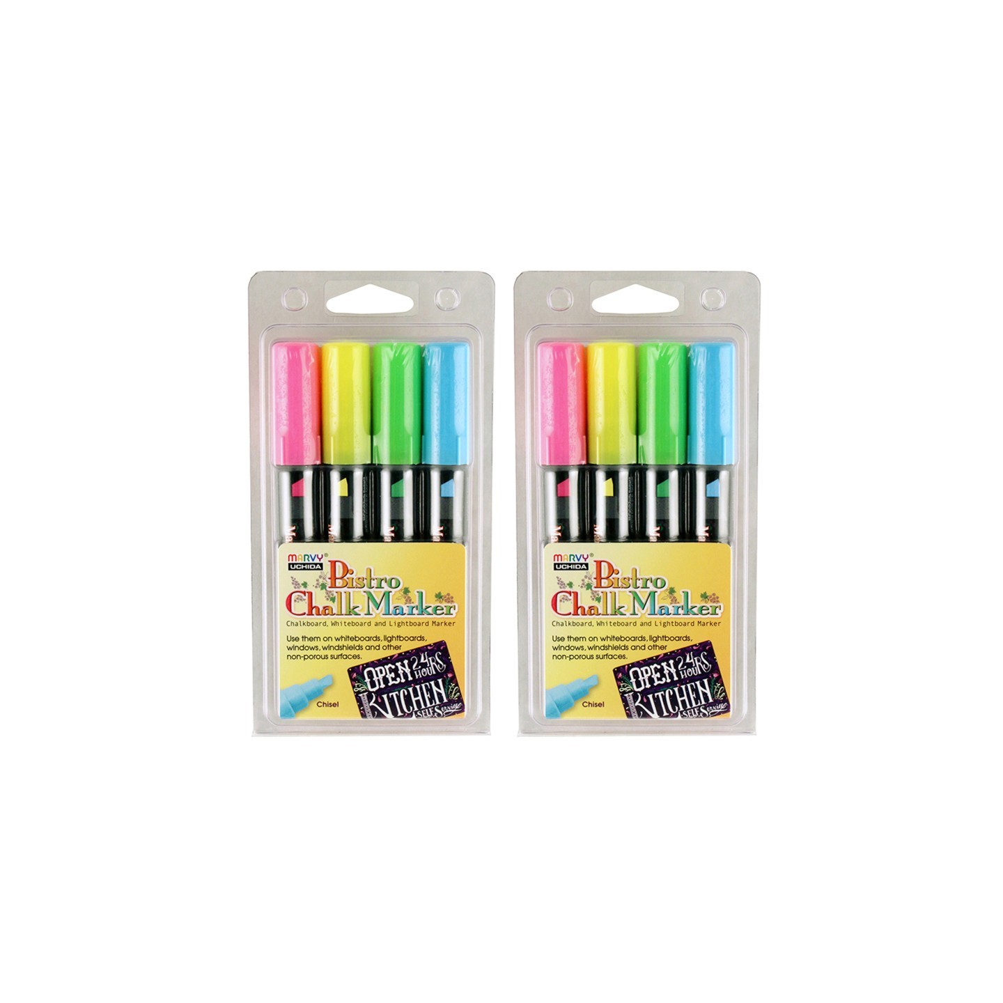 Marvy Uchida® Bistro Chalk Marker Chisel Tip Set 4H, Fluorescent Colors, 4 Per Pack, 2 Packs