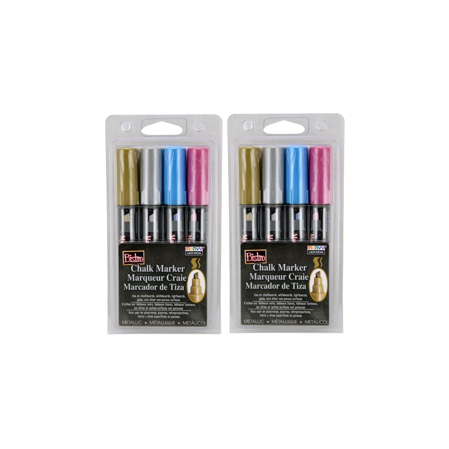 Marvy Uchida® Bistro Chalk Markers, Chisel Tip, Silver, Gold, Blue, Red, 4 Per Pack, 2 Packs