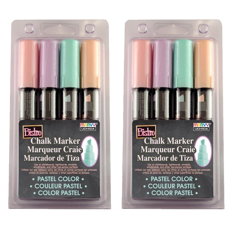 Marvy Uchida® Bistro Chalk Markers, Chisel Tip 4-Color Set, Blush Pink, Peppermint, Pastel Peach, Pale Violet, 2 Sets
