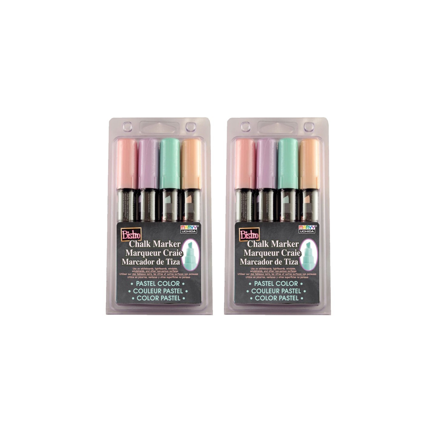 Marvy Uchida® Bistro Chalk Markers, Chisel Tip 4-Color Set, Blush Pink, Peppermint, Pastel Peach, Pale Violet, 2 Sets