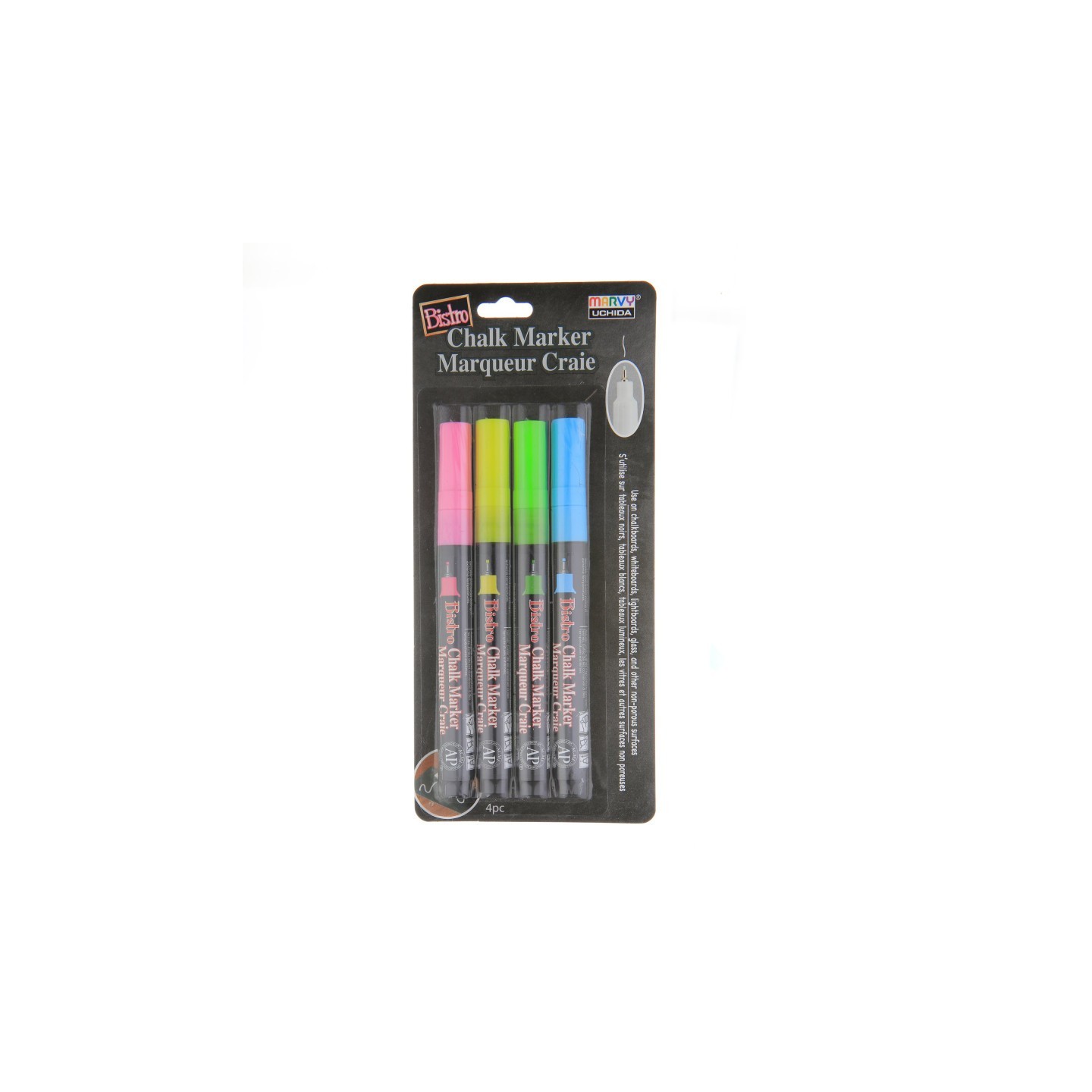 Marvy Uchida® Bistro Chalk Markers, Extra Fine Tip 4-Color Set, Fluorescent Pink, Blue, Green, Yellow