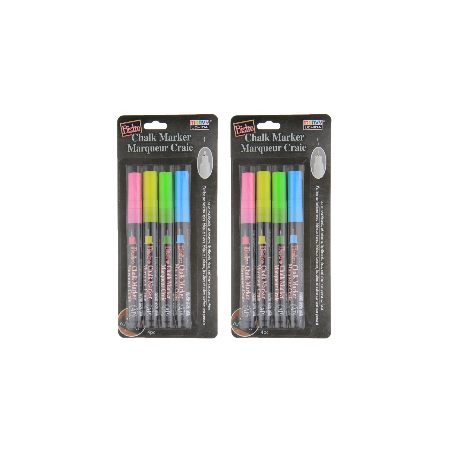 Marvy Uchida® Bistro Chalk Markers, Extra Fine Tip 4-Color Set, Fluorescent Pink, Blue, Green, Yellow, 2 Sets